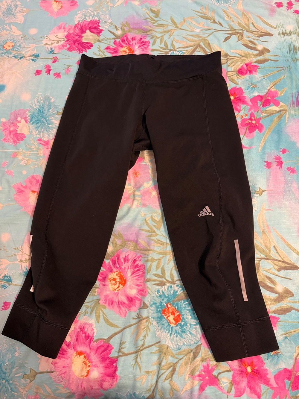Women’s adidas Black Capri Leggings with Grey Reflective Stripes